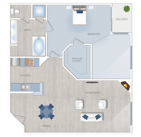 Floor plan for 1 bed, 1 bath, 554 sqft